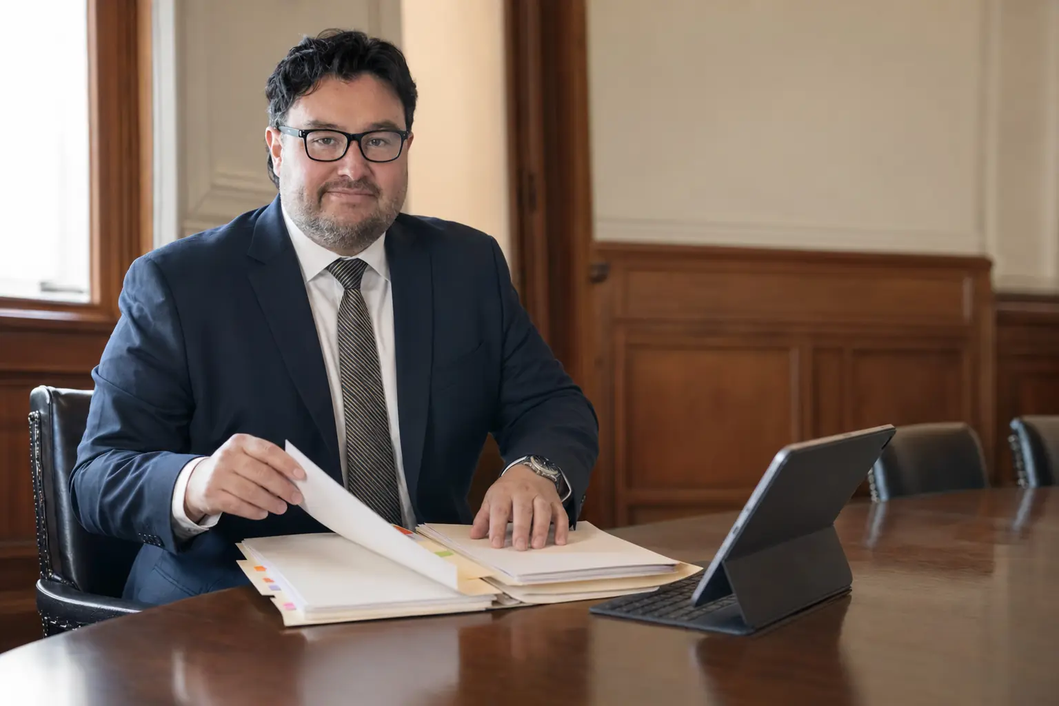 Adolfo Quisto revisa documentos laborales en su oficina